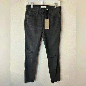 Madewell High Rise Black Distressed Skinny Jeans Raw Hem sz 27 NWT